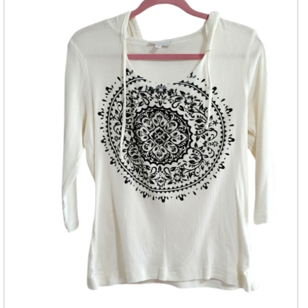 Currants Boho Cream and Black Patterned Hoodie Size XL